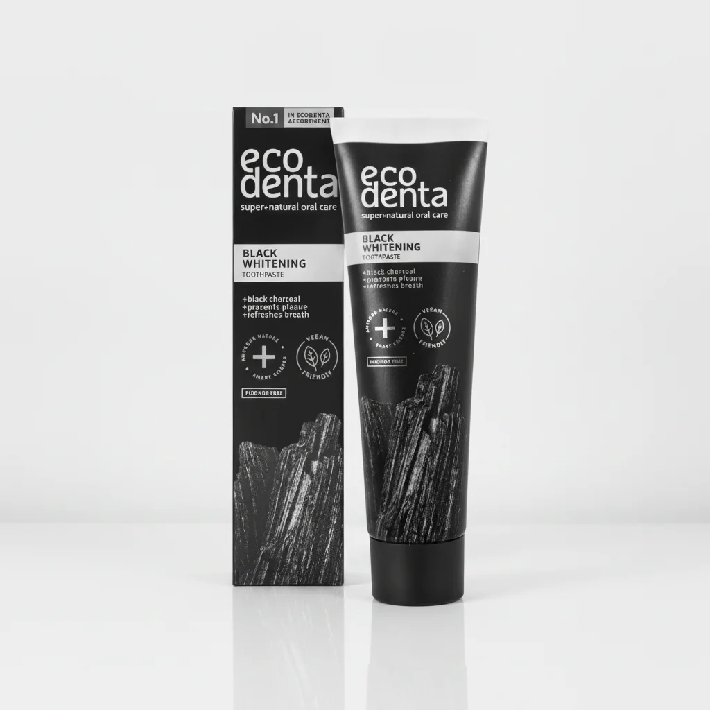 Ecodenta Black Charcoal whitening tandkräm utan fluor - reducerar ytliga missfärgningar på tänder med aktivt kol - 100ml