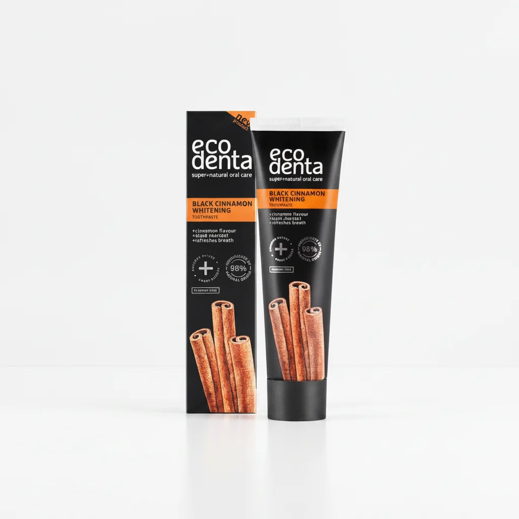 Fluorfri whitening tandkräm med aktivt kol, smak av kanel från Ecodenta. Minskar ytliga missfärgningar på tänder - 100ml.
